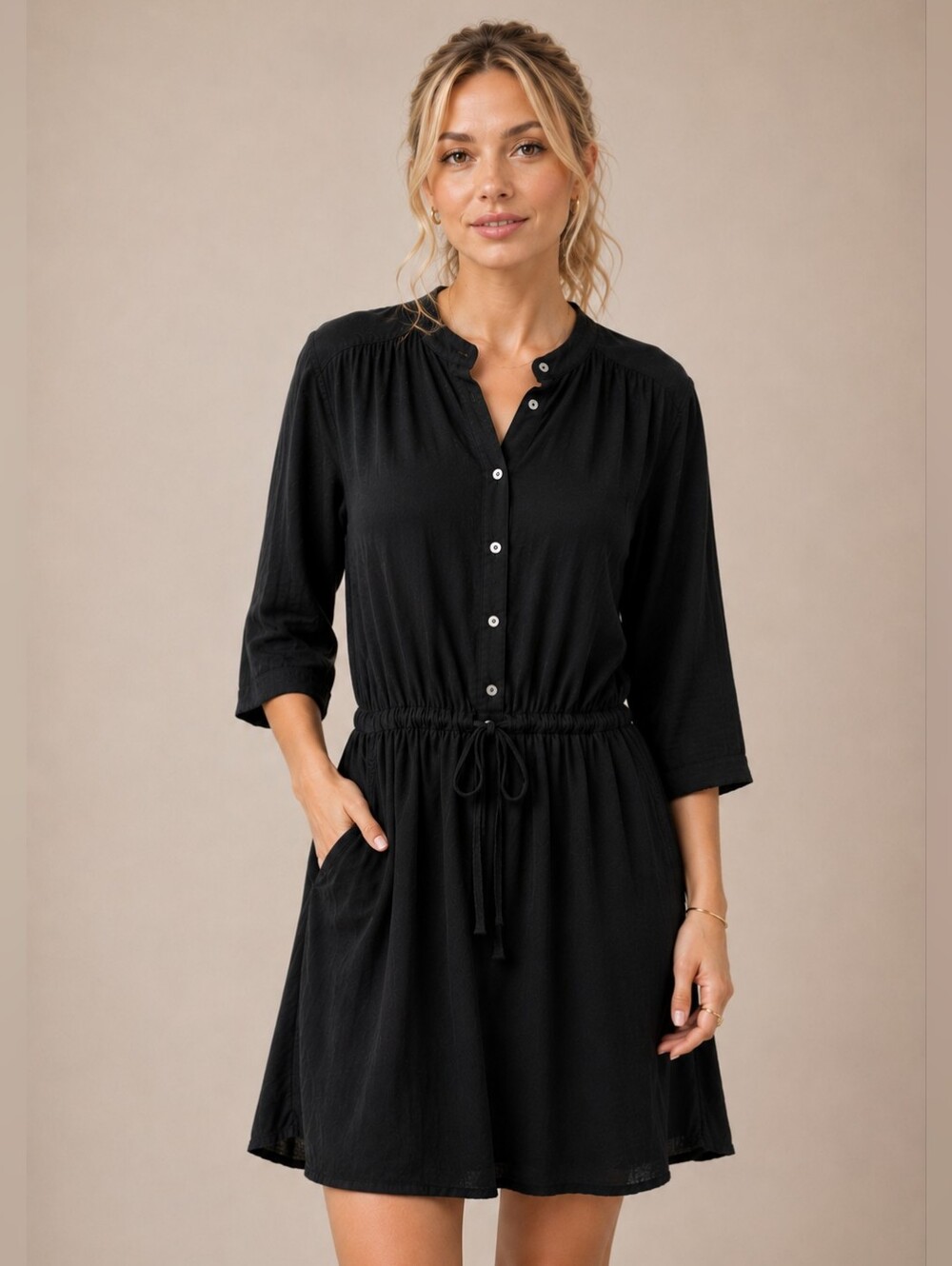 Wilfred/Aritzia Black Button-Front Drawstring Waist Dress, Size XS